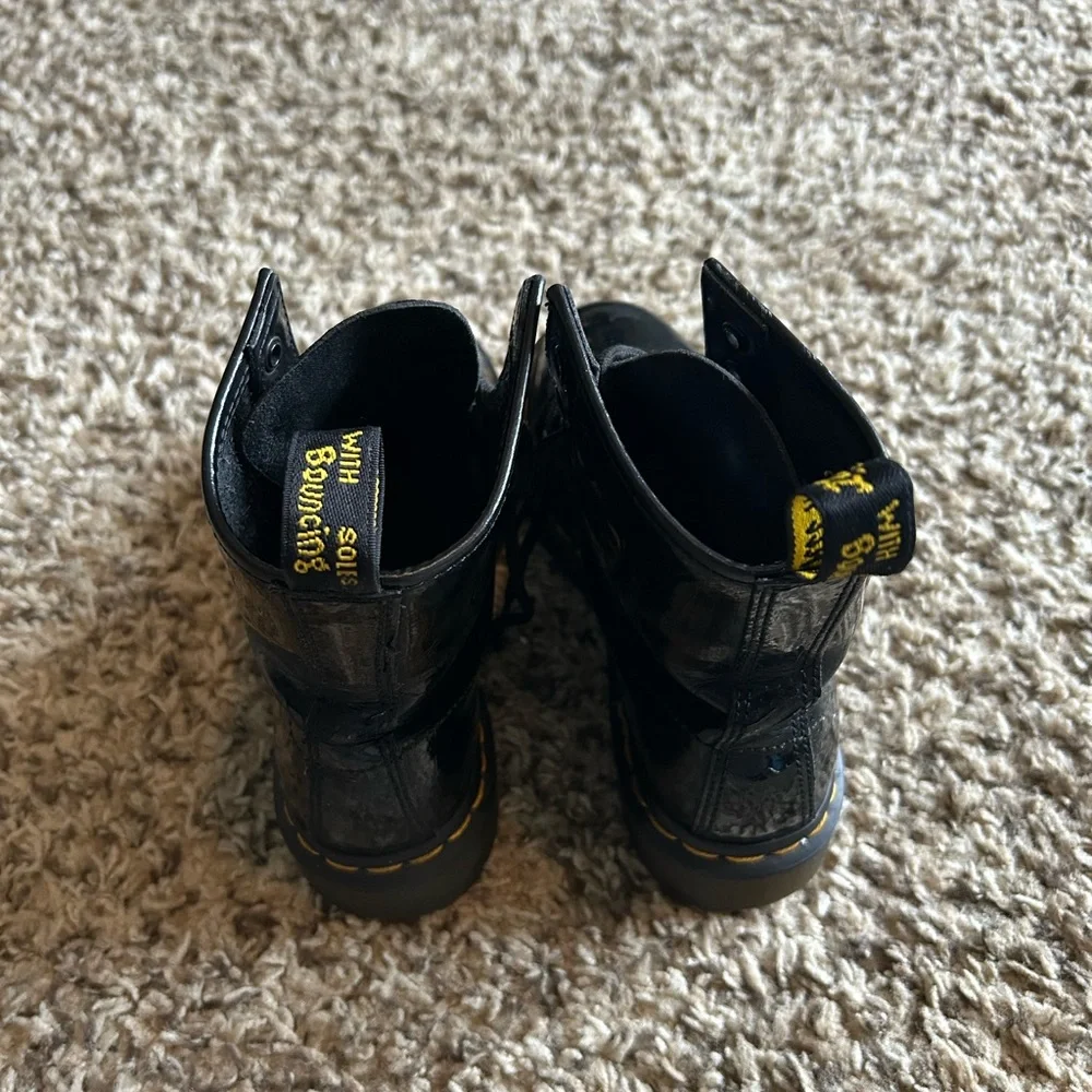 Dr. Martens Kids Black Patent Leather Lace-Up Boots with Yellow Stitching